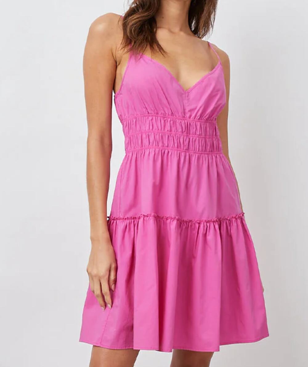 Rails Carmen Mini Dress Cotton Poplin Smocked Back V-Neck Azalea Pink Size Small